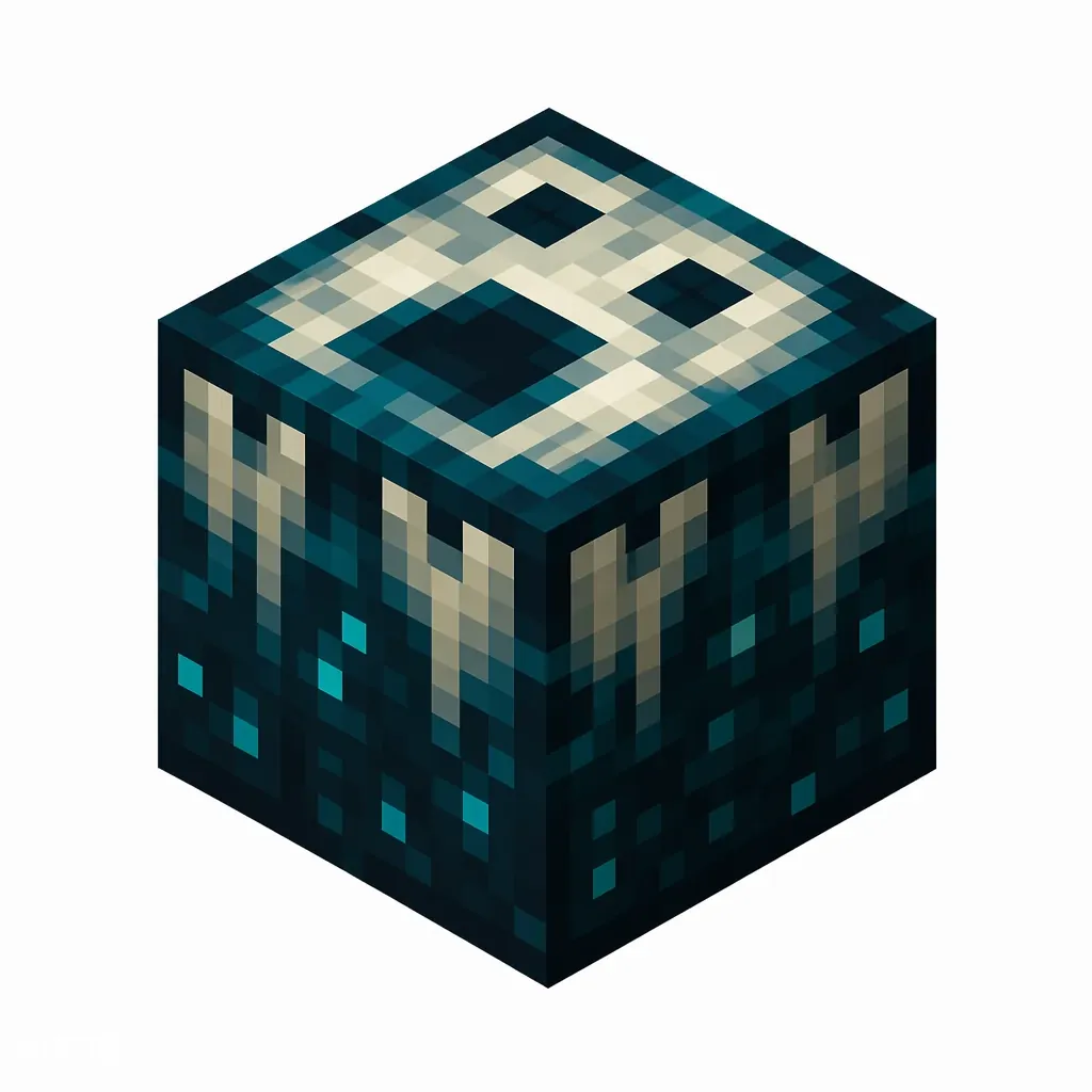 Pixel art illustration of a sculk shrieker, a dark teal cube with a ghostly white face