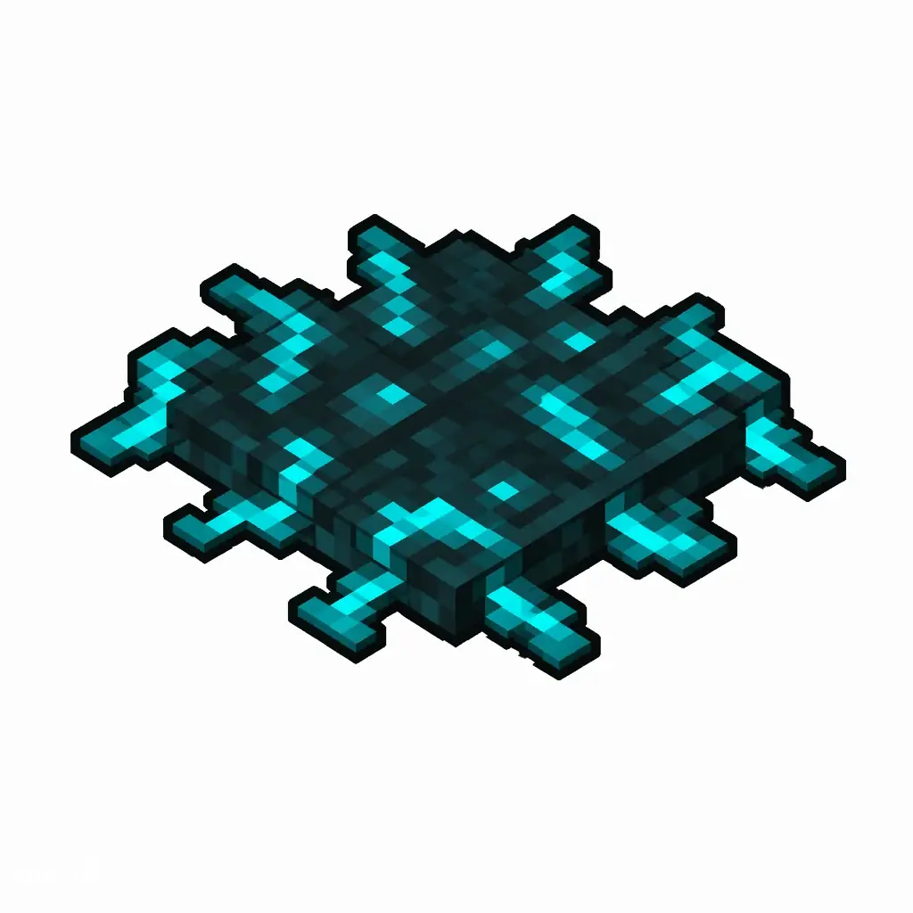 Pixel art illustration of a thin flat sculk vein patch with glowing cyan tendrils