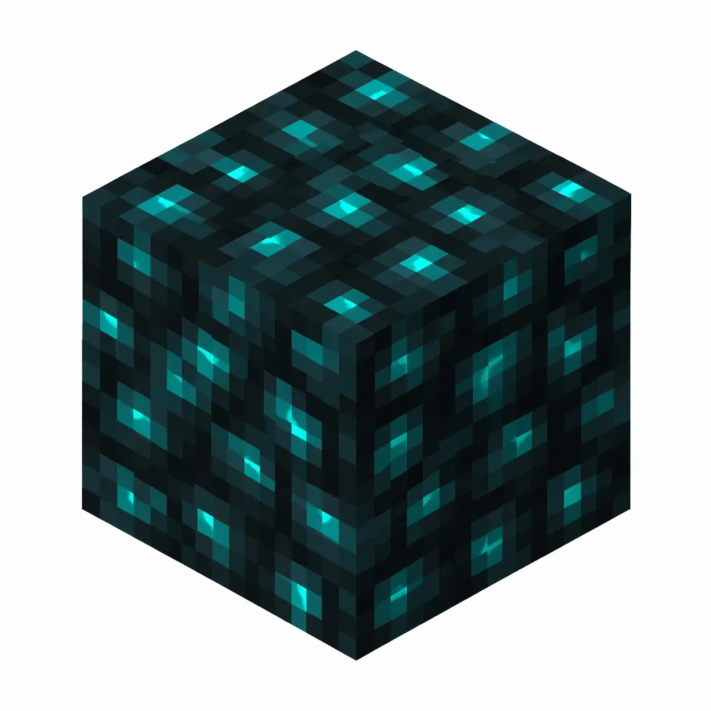 Pixel art illustration of a sculk block, very dark teal stone with glowing cyan veins