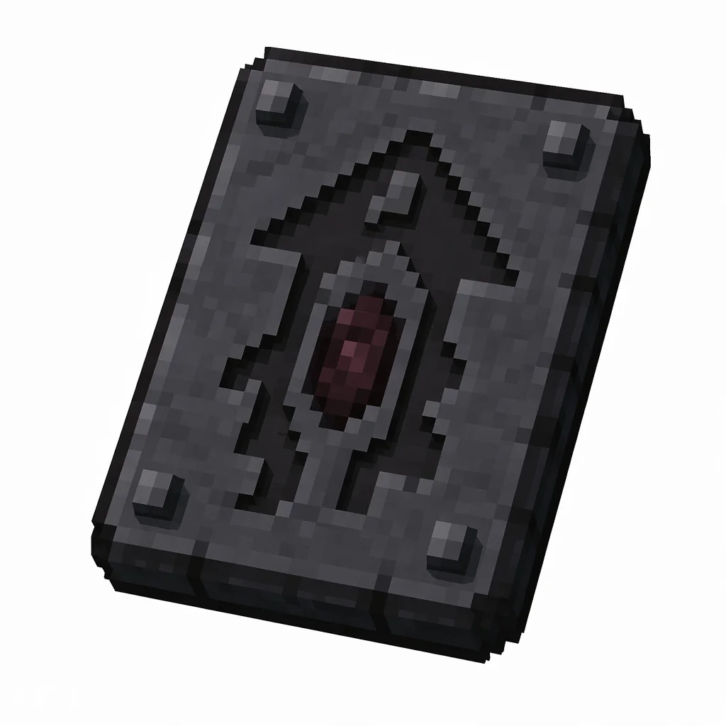 Pixel art illustration of a dark stone smithing template tablet carved with a watchtower