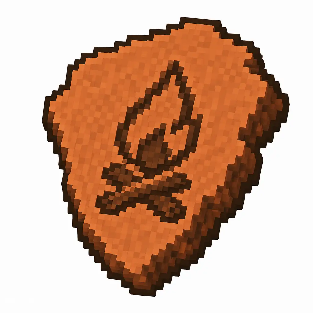 Pixel art illustration of a terracotta pottery sherd engraved with a campfire pictograph