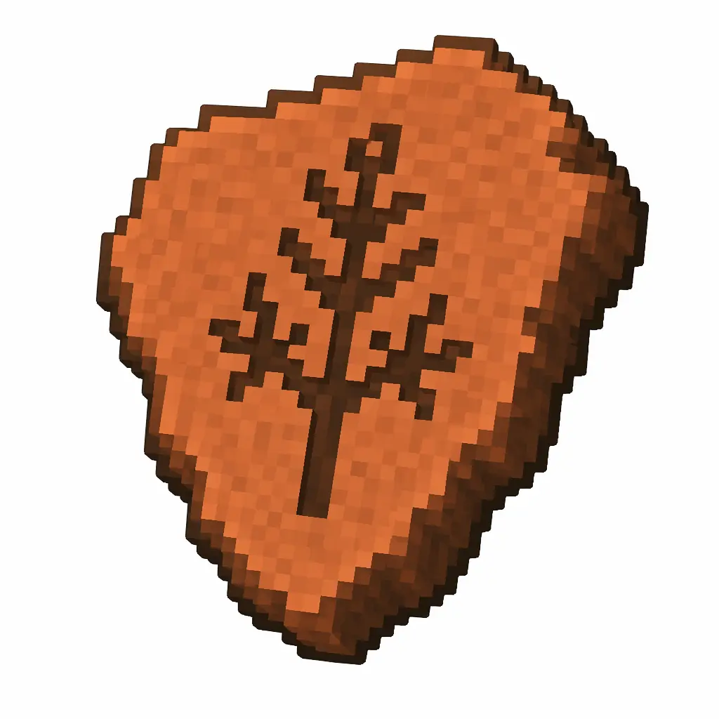 Pixel art illustration of a terracotta pottery sherd engraved with a tree pictograph