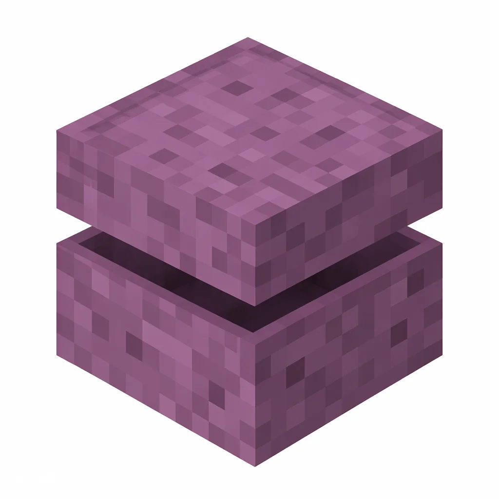 Pixel art illustration of an undyed shulker box with a raised clam-shell lid