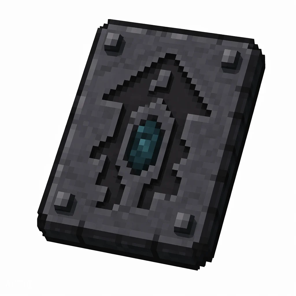 Pixel art illustration of a dark stone smithing template tablet carved with a sculk swirl
