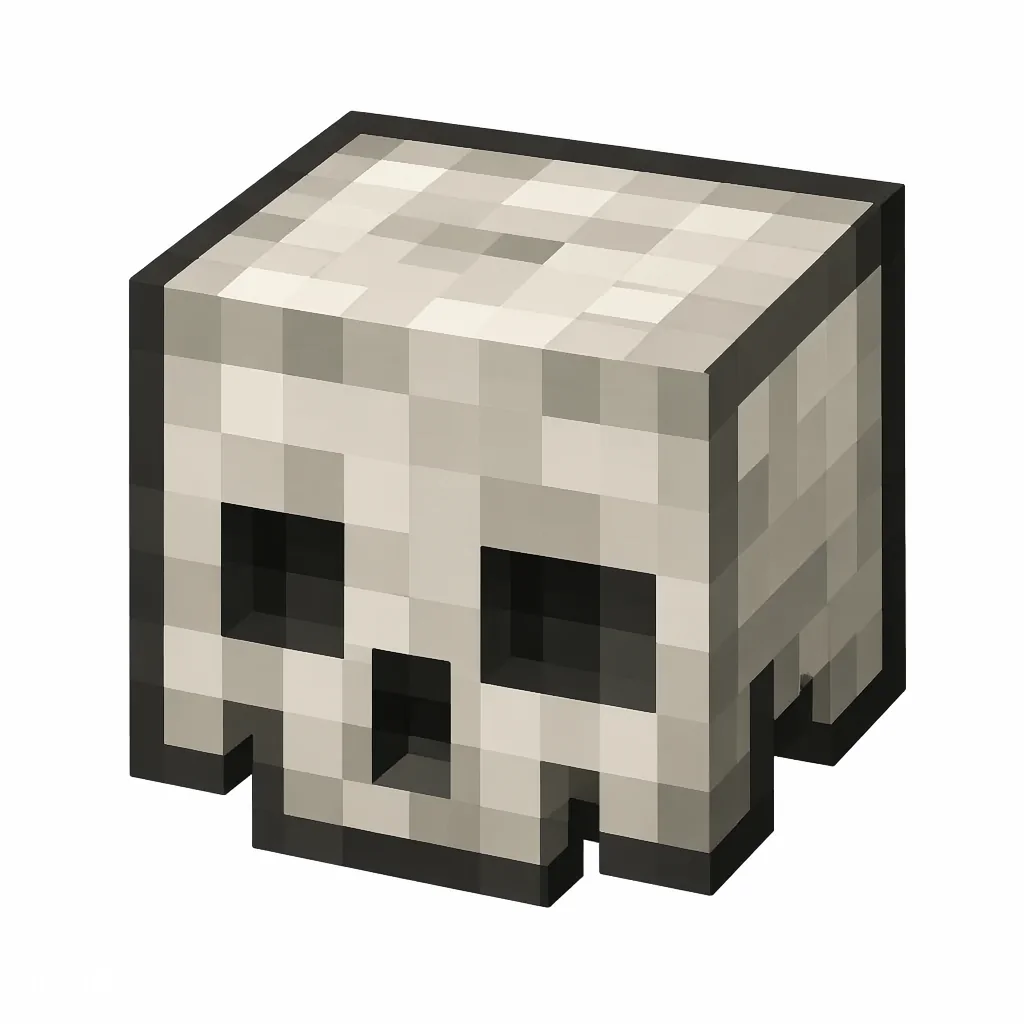 Pixel art illustration of a skeleton skull, a blocky decorative head block