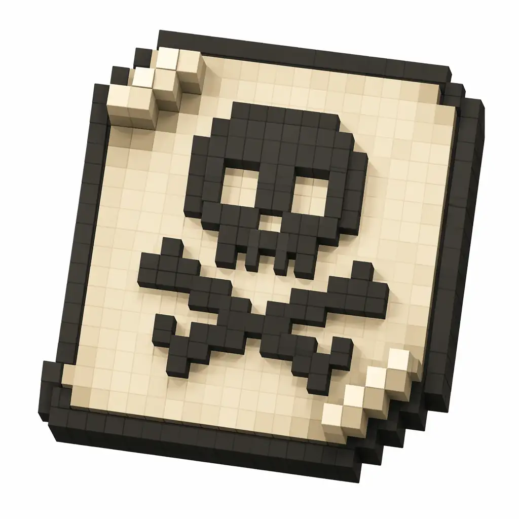 Pixel art illustration of a paper banner pattern printed with a skull and crossbones emblem