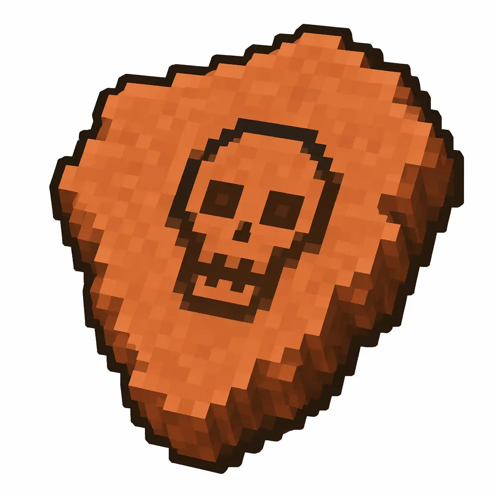 Pixel art illustration of a terracotta pottery sherd engraved with a skeleton skull pictograph