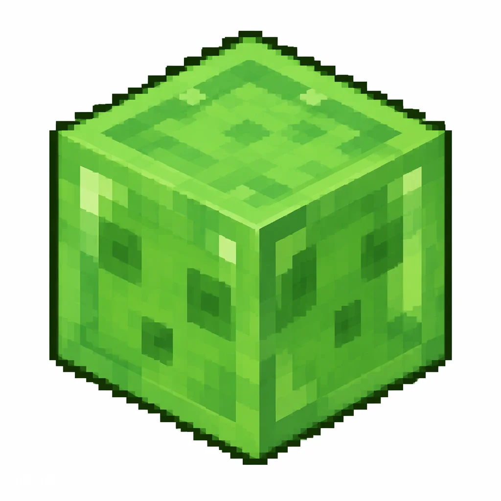 Pixel art illustration of a slime block in chunky voxel game style