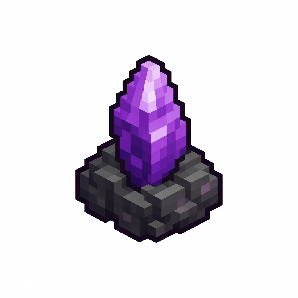 Pixel art illustration of a small purple amethyst crystal bud on a dark stone base