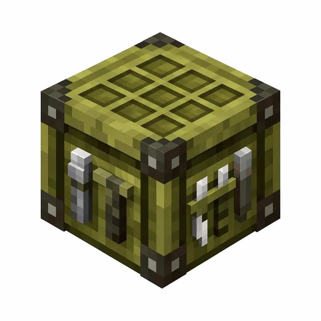 Pixel art illustration of a smithing table block with dark metal tool panels