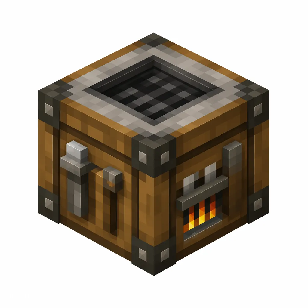 Pixel art illustration of a smoker block with a dark chimney top and a fire-lit mouth