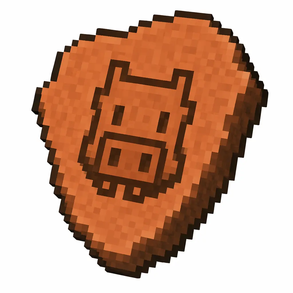 Pixel art illustration of a terracotta pottery sherd engraved with a sniffer beast head pictograph