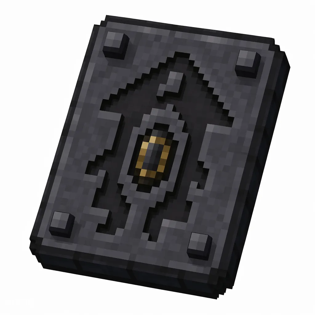 Pixel art illustration of a dark stone smithing template tablet carved with a piglin snout