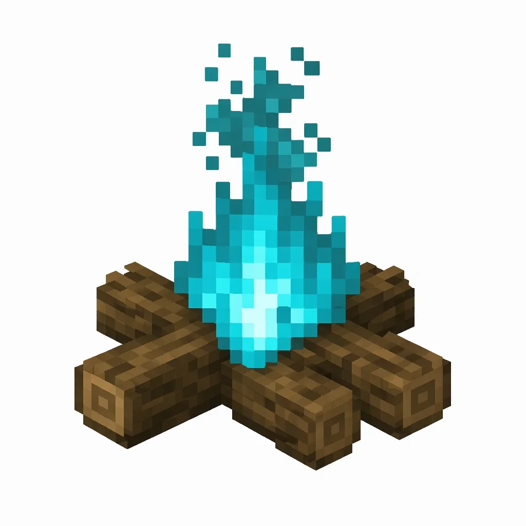 Pixel art illustration of a soul campfire with crossed logs and ghostly teal-blue flames