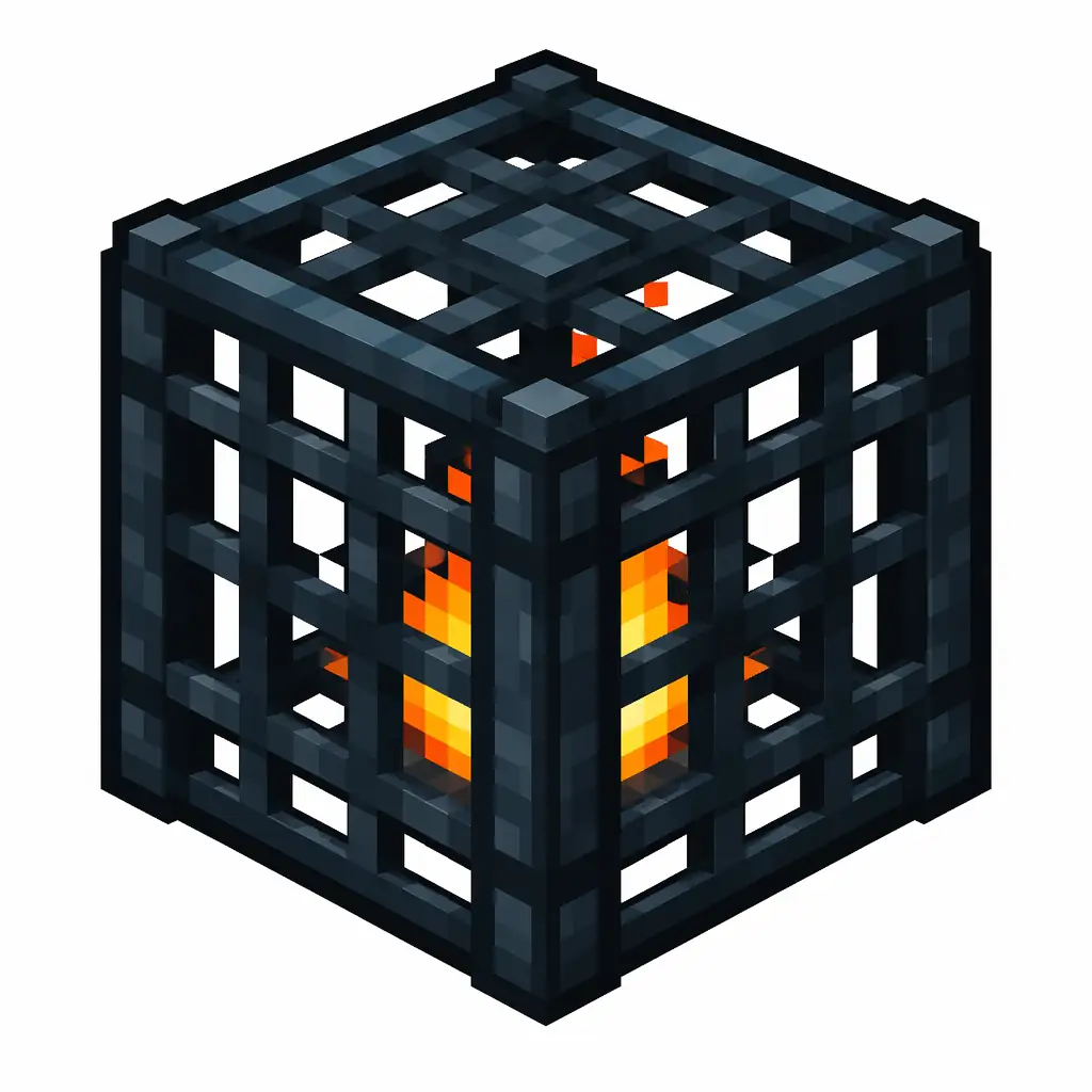 Pixel art illustration of a monster spawner in chunky voxel game style