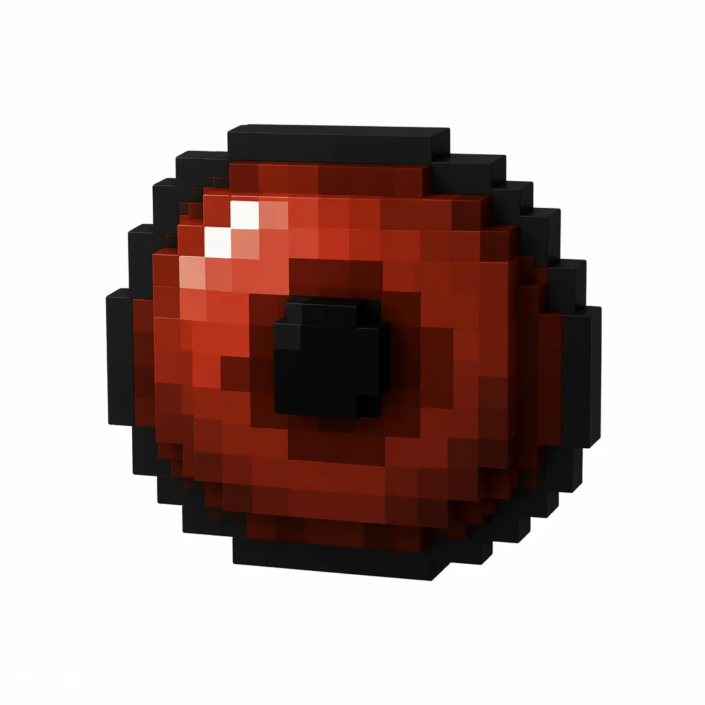 Pixel art illustration of a glossy dark red-brown spider eye with a black pupil