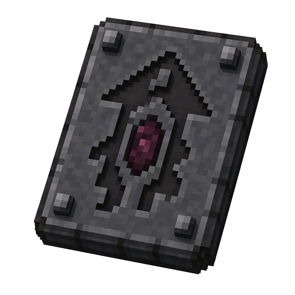 Pixel art illustration of a dark stone smithing template tablet carved with an end city tower
