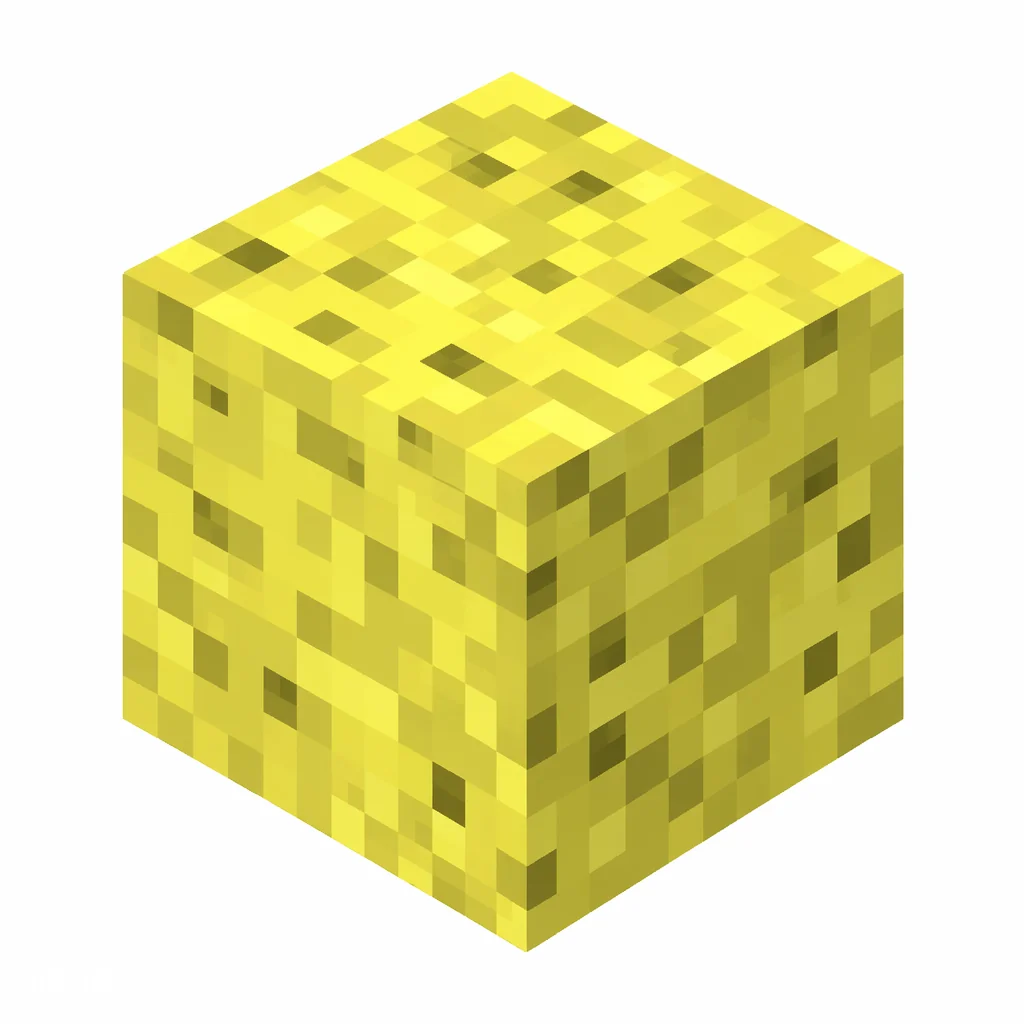 Pixel art illustration of a bright yellow sponge block with a porous hole texture