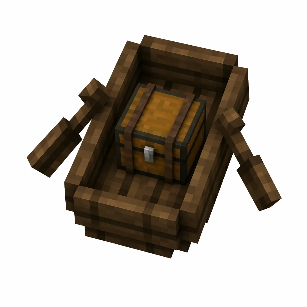 Pixel art illustration of a dark brown spruce boat with a chest strapped in the middle