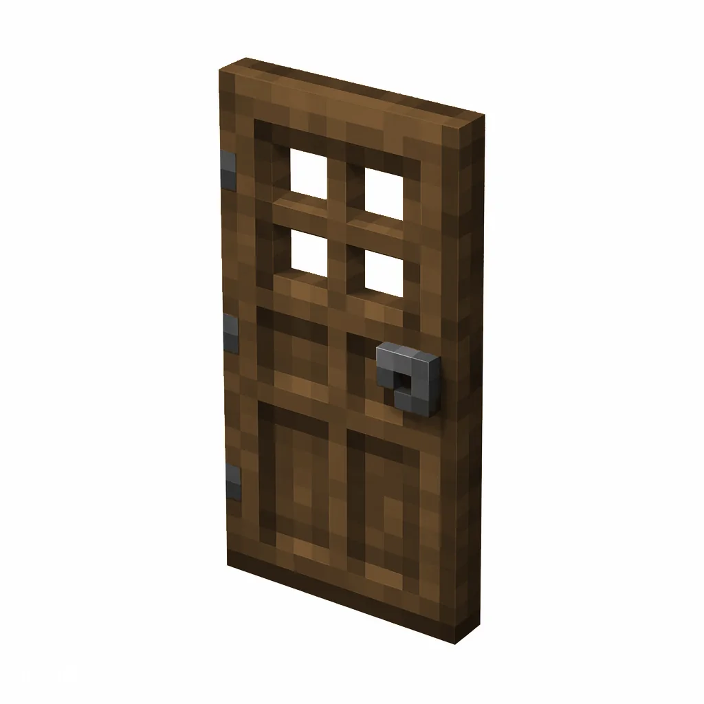 Pixel art illustration of a spruce wooden door with window holes and a gray metal handle