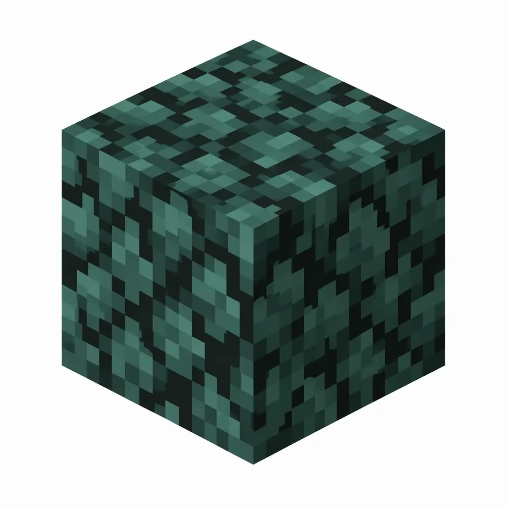 Pixel art illustration of a spruce leaves block with dark blue-green needle foliage