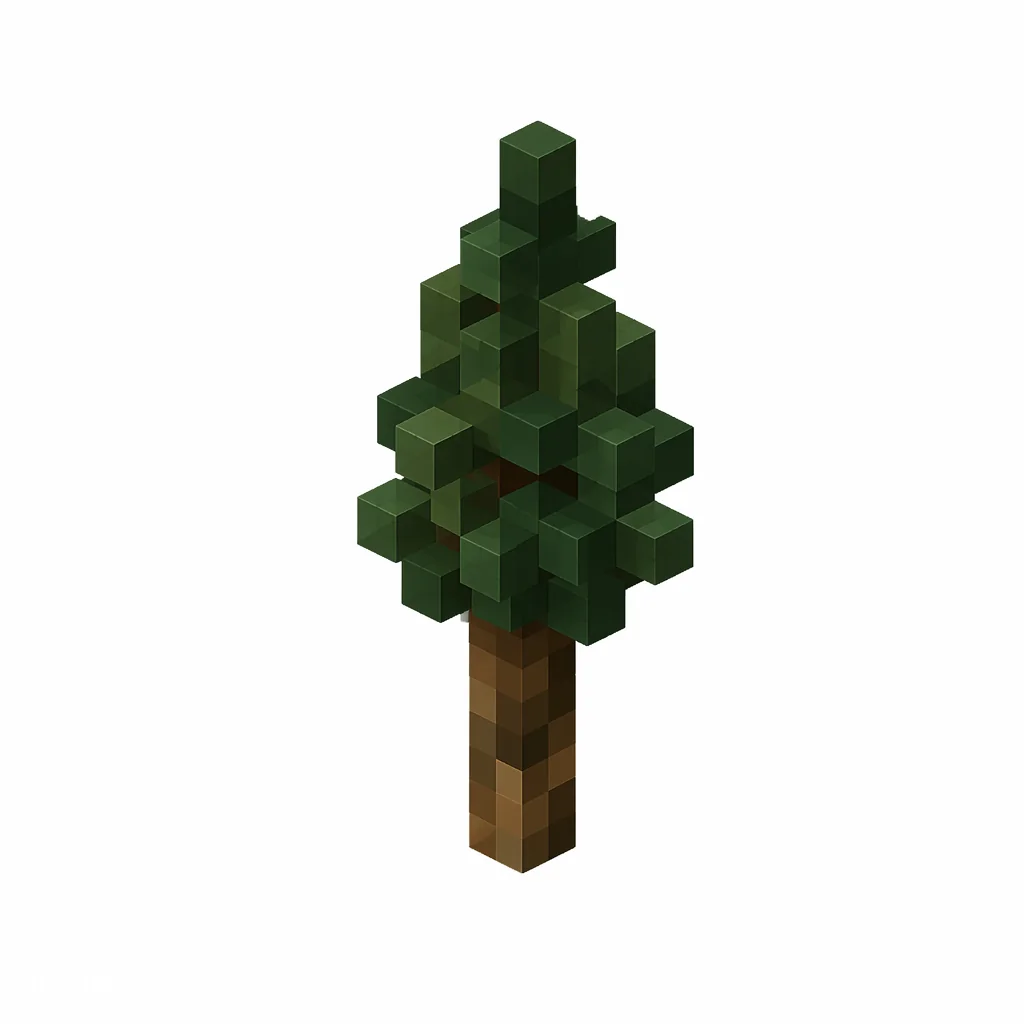 Pixel art illustration of a small spruce sapling with a brown stem and dark green needles
