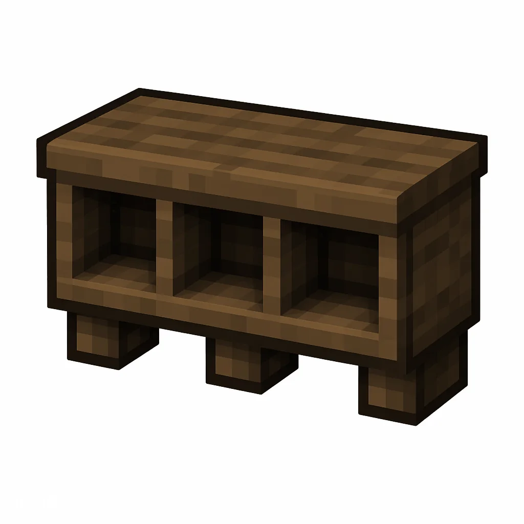 Pixel art illustration of a spruce wall shelf with three display cubbies