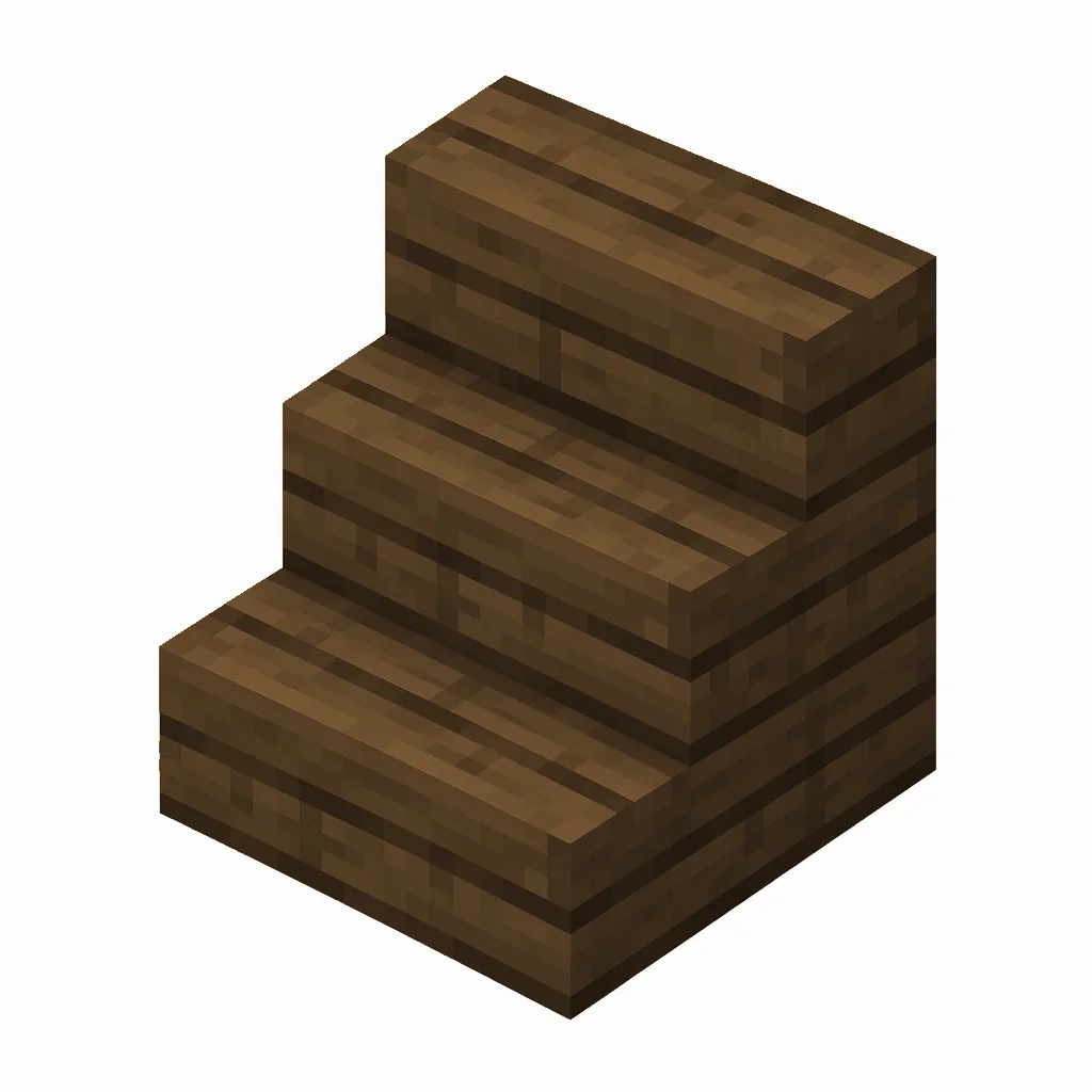 Pixel art illustration of an L-shaped spruce wooden stairs block with visible wood grain