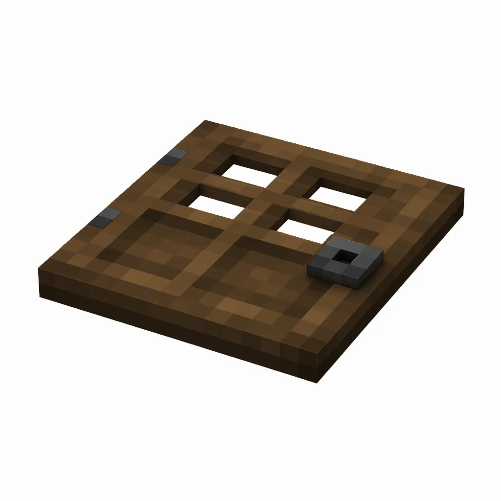 Pixel art illustration of a flat spruce wooden trapdoor with a dark metal ring handle