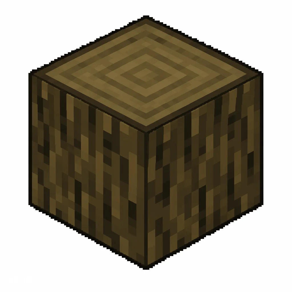 Pixel art illustration of a spruce wood block with bark on all six faces