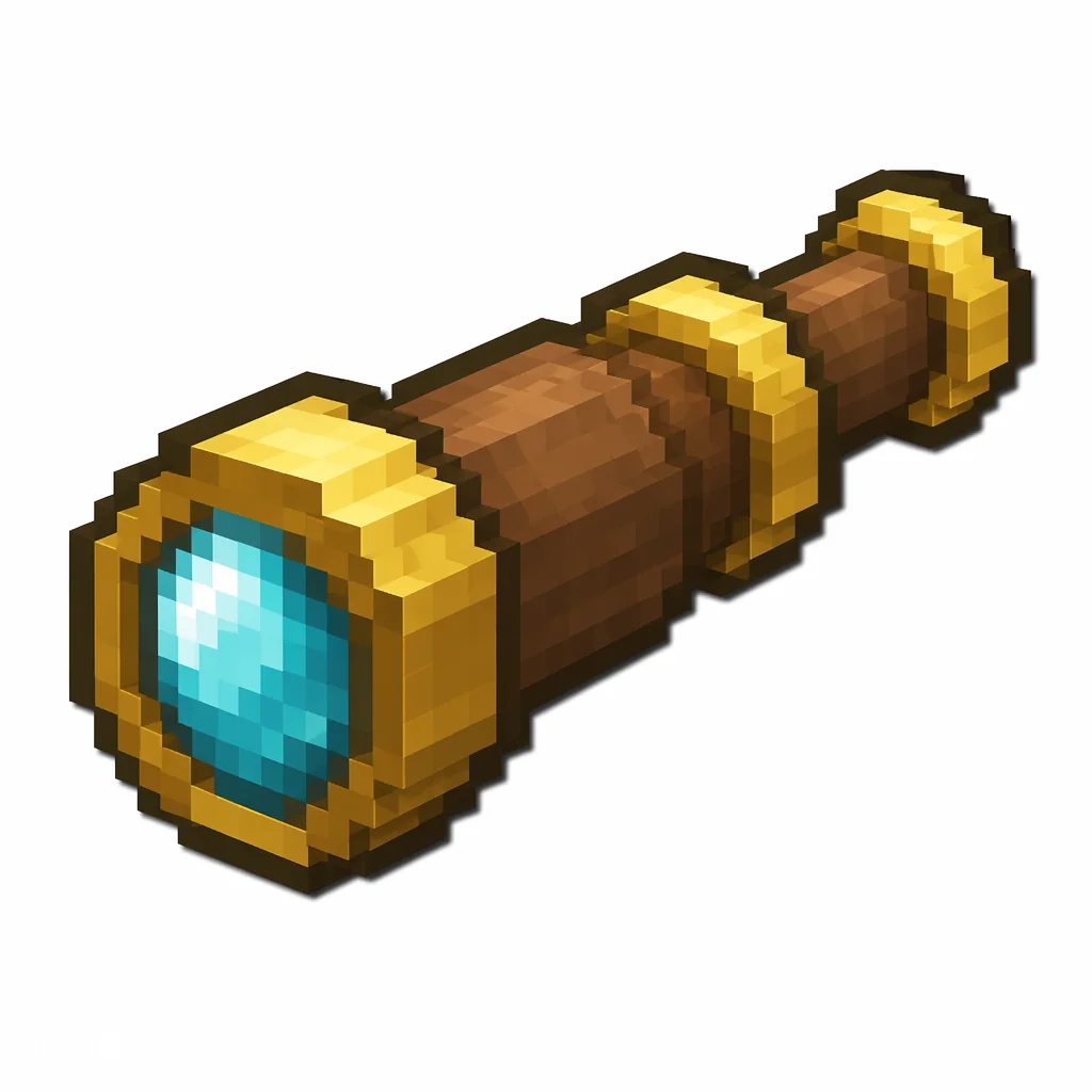 Pixel art illustration of a brass spyglass telescope with glass lenses