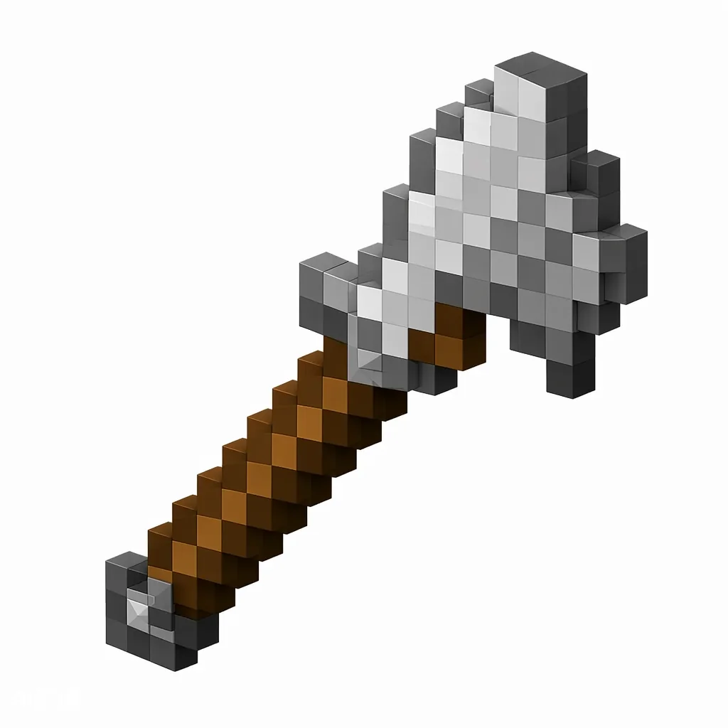 Pixel art illustration of a gray stone axe with a wooden stick handle