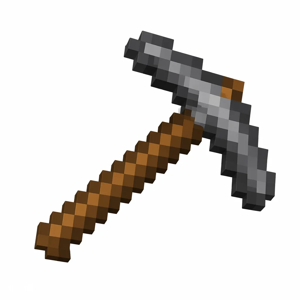 Pixel art illustration of a gray stone pickaxe with a wooden stick handle