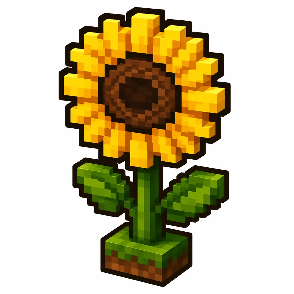 Pixel art illustration of a sunflower in chunky voxel game style