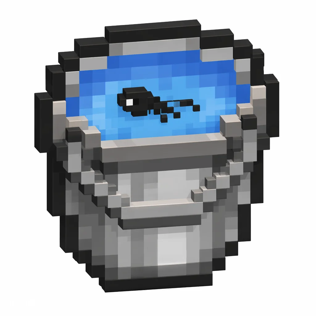 Pixel art illustration of a metal bucket with a live tadpole inside