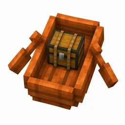 Pixel art illustration of a bright orange acacia boat with a chest strapped in the middle