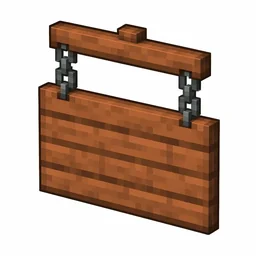 Pixel art illustration of an acacia hanging sign board suspended from two gray metal chains