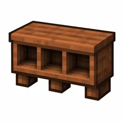 Pixel art illustration of an acacia wall shelf with three display cubbies