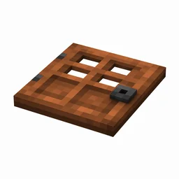 Pixel art illustration of a flat acacia wooden trapdoor with a dark metal ring handle