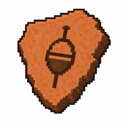 Pixel art illustration of a terracotta pottery sherd engraved with a fishing bobber pictograph