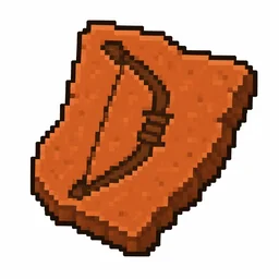 Pixel art illustration of a terracotta pottery sherd engraved with a bow pictograph