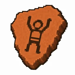 Pixel art illustration of a terracotta pottery sherd engraved with a figure with raised arms pictograph