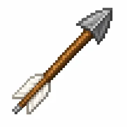 Pixel art illustration of an arrow with a flint tip and white feather fletching