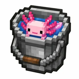 Pixel art illustration of a metal bucket with a live axolotl inside
