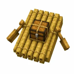 Pixel art illustration of a flat bamboo raft with a chest strapped in the middle