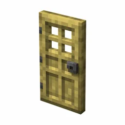 Pixel art illustration of a bamboo wooden door with window holes and a gray metal handle