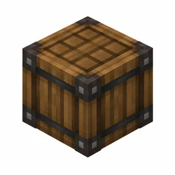 Pixel art illustration of a wooden barrel block with dark band hoops