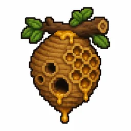 Pixel art illustration of a bee nest in chunky voxel game style