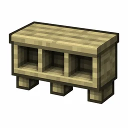 Pixel art illustration of a birch wall shelf with three display cubbies