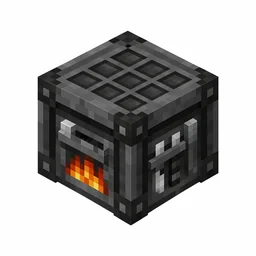 Pixel art illustration of a dark gray blast furnace block with a fire-lit mouth
